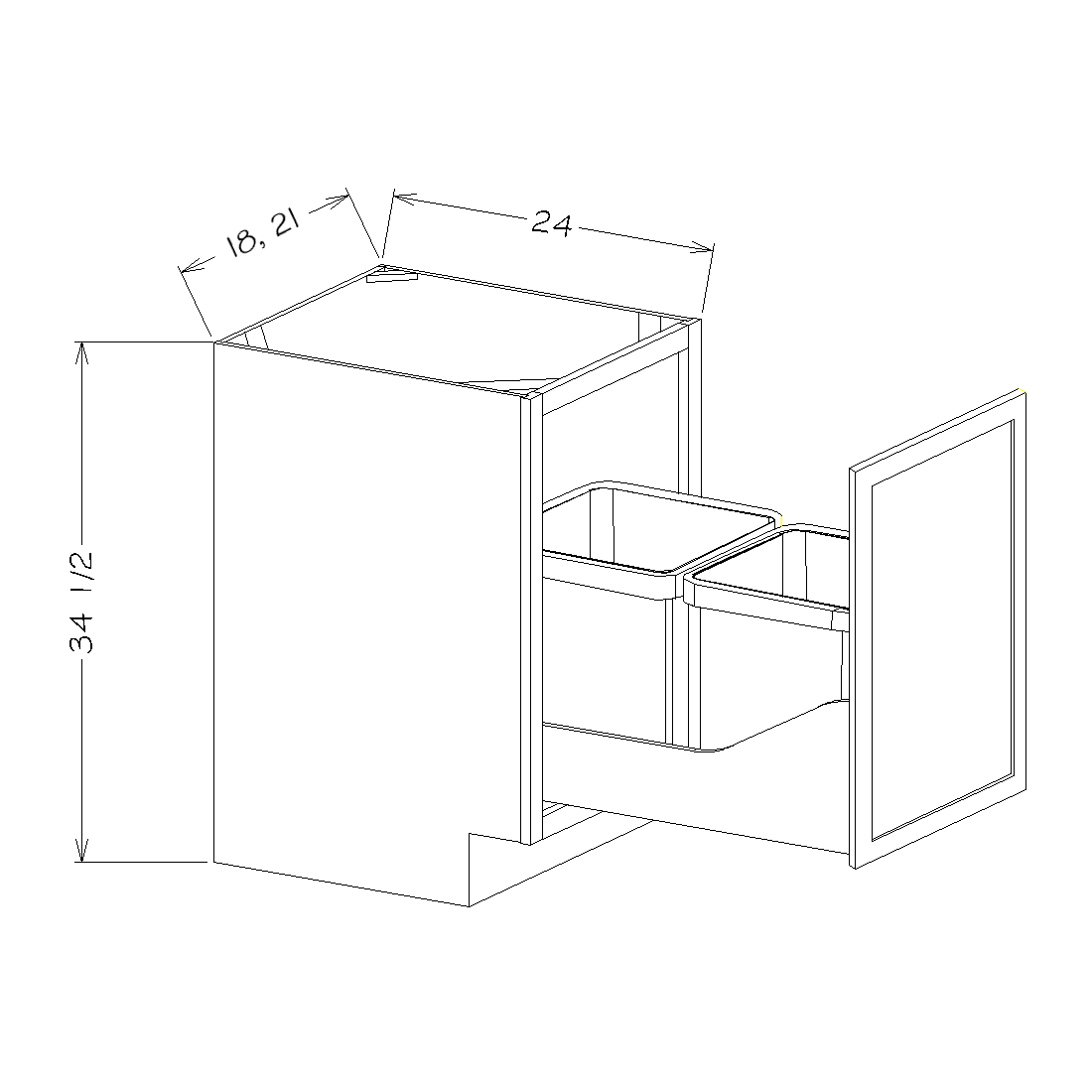 White Shaker 21" Single Full Height Door Base Cabinet w/ Single Trashcan Pullout Kit
