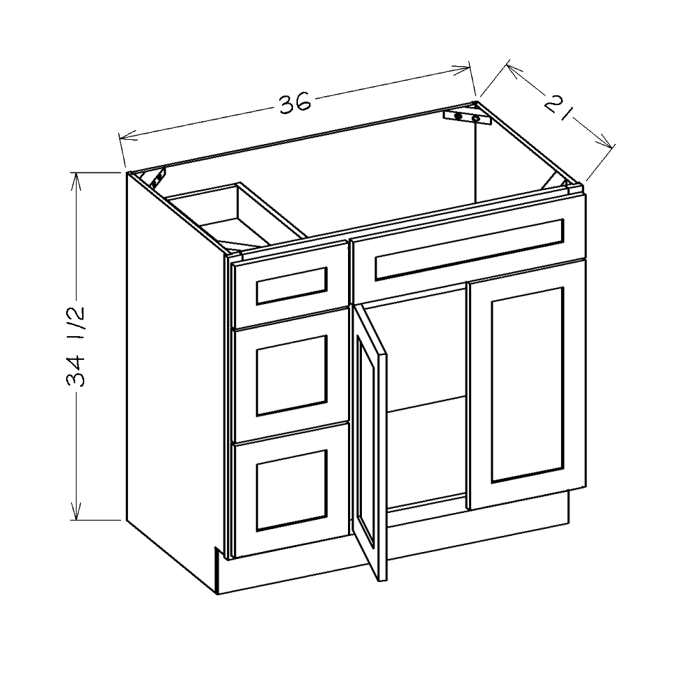 White Shaker 36" Vanity Combo Base Cabinet with Drawers Left