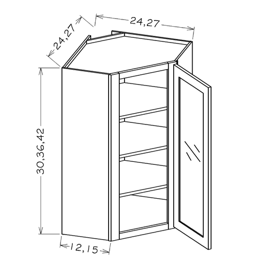 Honey Shaker 24"W x 36"H Wall Diagonal Glass Door Corner Cabinet with Finished Interior